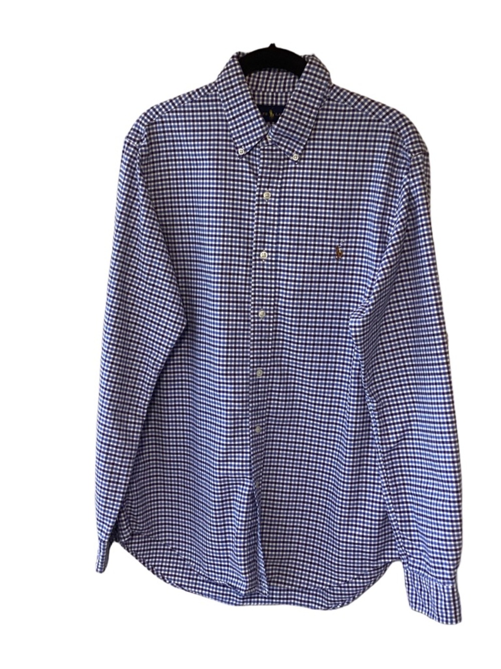 Ralph Lauren Navy White Gingham Button-Down Shirt M Brown Pony Office Casual